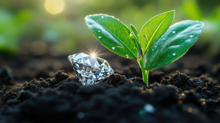 A stunning diamond rests in rich soil beside a vibrant green plant sprout, symbolizing the beauty of nature and the elegance of growth in a serene environment.の素材