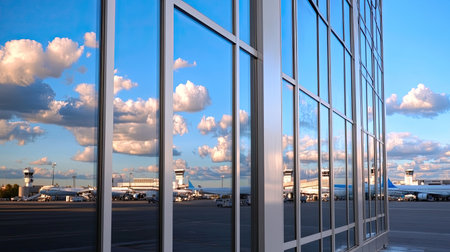 Captivating view showcasing a modern airport terminal's glass reflection against a vibrant sky filled with clouds, highlighting aviation and travel.の素材