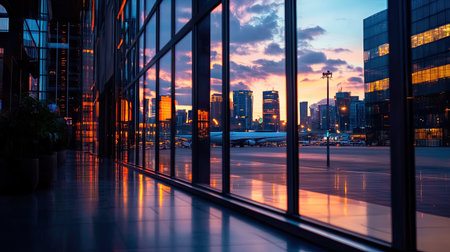 A stunning view of a city skyline at sunset, showcasing vibrant reflections on glass buildings. The warm colors blend beautifully, creating a serene atmosphere.の素材
