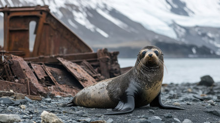 A sea lion rests on a rocky shore near a shipwreck, surrounded by stunning landscapes of snow-capped mountains and icy waters, showcasing nature beauty.の素材