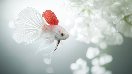 This stunning image showcases an elegant betta fish gliding gracefully through a soft, white background, highlighting its flowing fins and vibrant colors.の素材