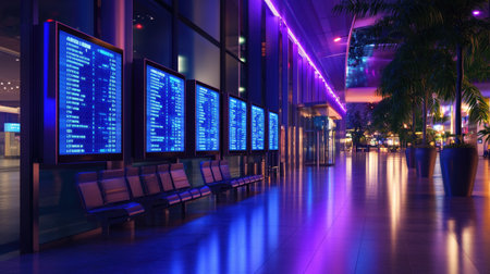 A modern airport terminal showcases vibrant neon lights and digital departure boards. The sleek design features comfortable seating areas in a spacious, inviting environment.の素材