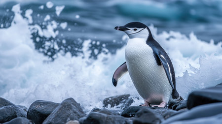 A solitary penguin stands on a rocky beach as ocean waves crash nearby. This striking wildlife image captures the essence of nature's beauty in cold environments.の素材