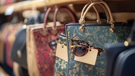 A captivating array of elegant handbags displayed in a boutique, paired with stylish sunglasses, showcasing luxury and contemporary fashion trends.の素材