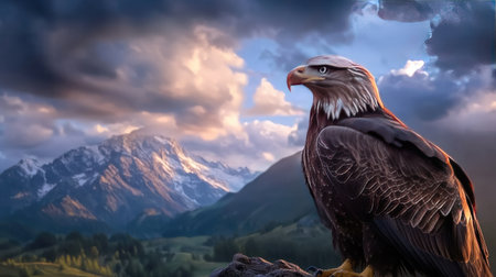 A striking eagle perched on a rock with a breathtaking mountain backdrop. The scene captures the essence of wildlife and nature's beauty, embodying freedom and power.の素材