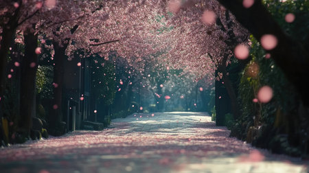 A picturesque pathway lined with cherry blossoms in full bloom, showcasing delicate petals falling gently. This serene scene invites tranquility and beauty in nature.の素材