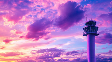 A stunning sunset view featuring an airport control tower against a colorful sky filled with vibrant purple, pink, and orange clouds, creating a serene atmosphere.の素材