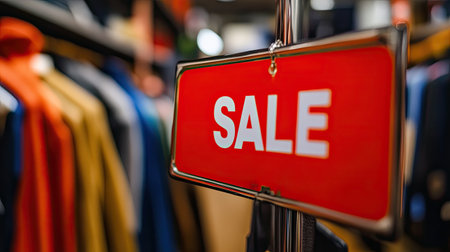 A vibrant red sale sign catches the eye inside a clothing store, surrounded by stylish attire. This visual captures the essence of retail shopping and promotions.の素材