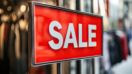 A vivid red sale sign displayed in a retail store attracts customer attention, indicating discounts and special offers on clothing, accessories, and more.の素材