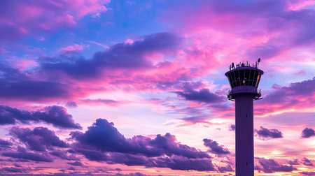 A stunning sunset painting the sky with vibrant colors above an airport control tower. The colorful clouds create a serene atmosphere, perfect for travel enthusiasts.の素材