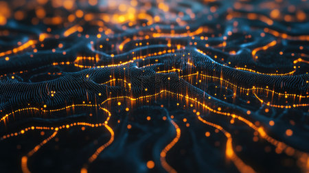 This abstract digital background features glowing particles and smooth waves in blue and orange. Perfect for technology, art, and modern design themes.の素材