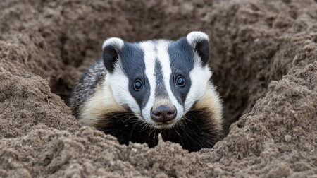 A curious badger peeks out from its burrow, showcasing its striking black and white fur against soft earthy tones. Perfect for wildlife enthusiasts.の素材