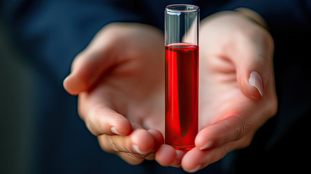 Hands gently hold a test tube filled with vibrant red liquid, symbolizing scientific research. This image captures the essence of laboratory experimentation, analysis, and discovery.の素材