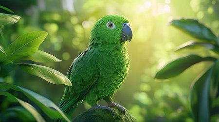 A stunning green parrot perched gracefully on a branch, surrounded by lush tropical foliage. The vibrant colors and playful expression evoke a sense of tranquility in nature.の素材