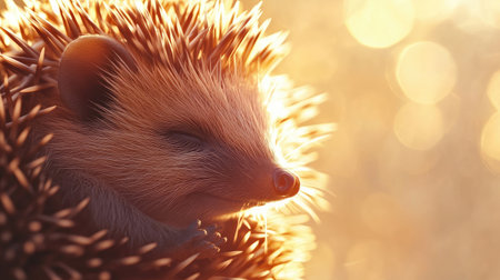 A charming hedgehog rests peacefully in its spiky quills, bathed in warm sunlight. This serene moment captures the beauty of wildlife in nature, showcasing its adorable expression.の素材