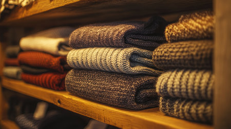 A beautiful arrangement of folded sweaters in various textures and colors displayed on a rustic wooden shelf, ideal for showcasing warmth and style for the cozy season.の素材