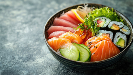 A beautifully arranged sushi platter featuring salmon, tuna, and various rolls, complemented by fresh vegetables. Ideal for showcasing exquisite Japanese cuisine.の素材
