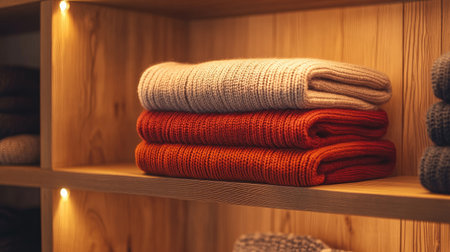 A beautiful arrangement of soft knitted blankets in warm colors resting neatly on a wooden shelf. Ideal for cozy decor and interior aesthetics.の素材