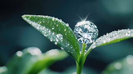 A stunning close-up of a diamond resting on a fresh green leaf, glistening with water droplets. This captivating image symbolizes beauty and elegance in nature.の素材