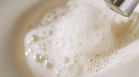 This image captures a close-up view of bubbles forming in a frothy liquid, showcasing the dynamic texture and movement during the whisking or mixing process in a kitchen setting.の素材
