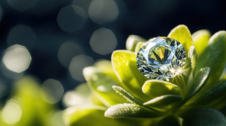 A striking diamond nestled among vibrant green plant leaves creates a captivating scene, enhanced by a beautiful bokeh background and soft light reflections.の素材