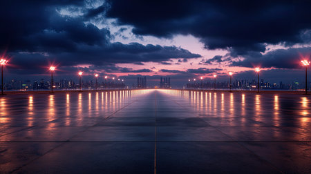 A stunning view of a sunset over a city skyline, showcasing vibrant colors reflecting on wet pavement and illuminated by street lights. Perfect for urban themes.の素材
