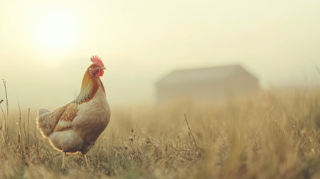 A beautiful chicken stands gracefully in a sunlit field, capturing the essence of rural life. The warm glow of the morning sun adds tranquility to the scene.の素材
