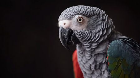 This striking portrait showcases the intricate details of a grey parrot's feathers and captivating gaze, highlighting the beauty of wildlife.の素材