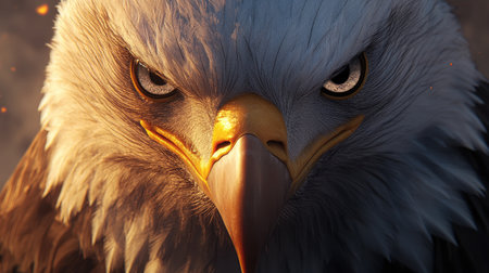Captivating close-up of a majestic eagle with an intense gaze, showcasing its stunning feathers and powerful beak. A true icon of wildlife excellence.の素材