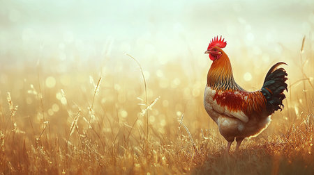 A vibrant rooster stands proudly in a sunlit field, surrounded by golden grasses. The soft, dreamy background creates a serene atmosphere, showcasing nature's beauty.の素材