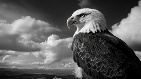 This stunning black and white image showcases a majestic eagle perched against a dramatic cloudy sky, embodying strength and beauty in nature.の素材