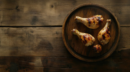 Savory grilled chicken drumsticks served on a wooden plate, perfect for a rustic meal. Ideal for summer barbecues, picnics, or family dinners.の素材