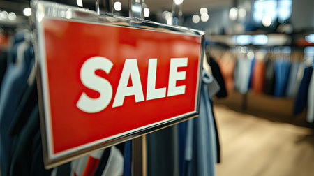 A vibrant sale sign prominently displayed inside a clothing store, surrounded by an array of colorful apparel. This image captures the essence of retail shopping and promotional events.の素材