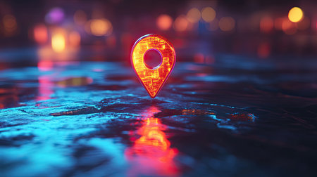 A vivid red location pin stands out against a reflective wet surface, illuminated by colorful lights, evoking themes of navigation and urban exploration.の素材