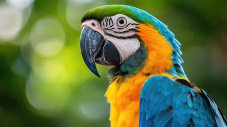 This stunning close-up features a vibrant blue and yellow parrot against a lush green backdrop. The intricate details of its feathers and expressive eyes showcase nature's beauty.の素材