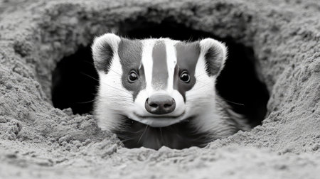 A monochrome portrait of a badger peeking out of its burrow, showcasing its curious expression and soft fur. Ideal for wildlife and nature themes.の素材