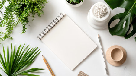 A fresh and inviting workspace featuring a blank notebook, greenery, and minimalist decor elements, perfect for inspiring creativity and relaxation.の素材