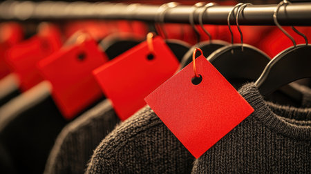 A close-up view of a clothing rack featuring sweaters with vibrant red price tags, showcasing an appealing retail environment perfect for shoppers.の素材