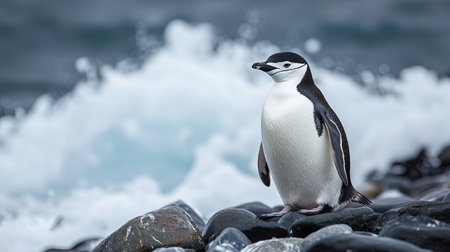 A chinchilla penguin stands on a rocky shore, gazing at the ocean waves. This captivating scene highlights the beauty of wildlife in its natural environment.の素材