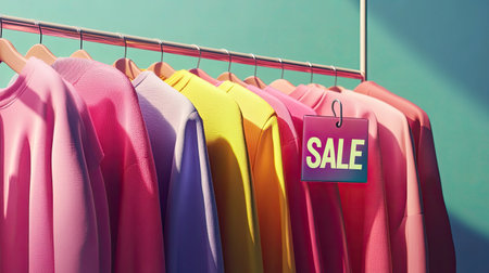 A vibrant display of colorful sweaters hanging on a rack in a retail store, with a prominent sale sign, inviting customers to shop. Perfect for fashion, retail, and promotion themes.の素材