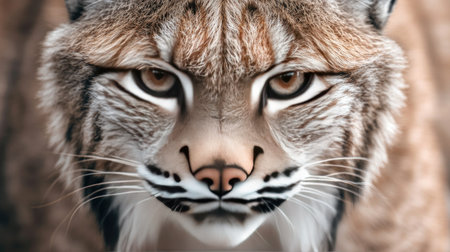 This stunning close-up portrait captures a lynx with intense eyes and detailed fur. The powerful gaze showcases the beauty and elegance of this wild feline in its natural habitat.の素材