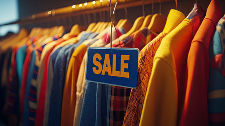 A close-up view of a colorful clothing rack featuring a bright sale sign. This vibrant display showcases various garments in a retail environment, perfect for promotional content.の素材