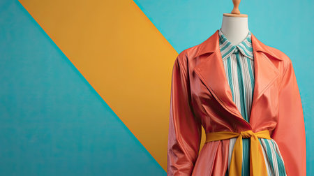 A vibrant fashion display featuring a stylish jacket paired with a striped shirt against a colorful background, ideal for fashion retailers and blogs.の素材