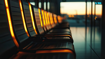 An empty airport seating area captures the warm glow of sunset, creating a tranquil atmosphere. The clean lines and modern design invite quiet moments of reflection before travel.の素材