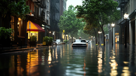 A serene yet impactful scene of city streets submerged in water after a heavy rainstorm, capturing the effects of urban flooding on transportation and life.の素材