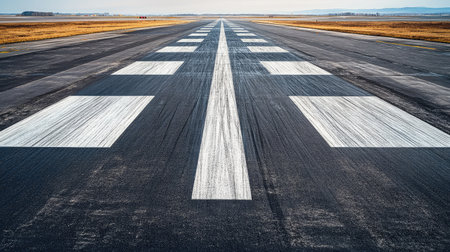 A stunning view of a runway at an airport, showcasing distinct lines and markings on the asphalt as sunlight casts a warm glow across the landscape.の素材