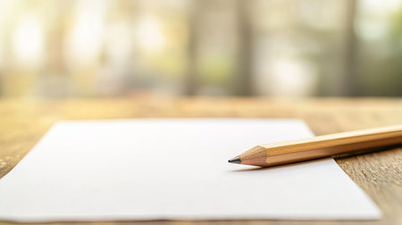 A blank sheet of white paper rests on a wooden table alongside a pencil, illuminated by soft natural light, ideal for creative projects or writing ideas.の素材