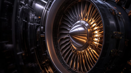 This close-up image showcases a jet engine turbine featuring intricate details and glowing lights. The design emphasizes modern aerospace technology and engineering excellence.の素材