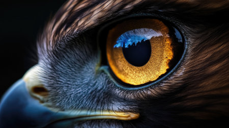 This striking close-up captures the intricate detail of an eagle's eye, reflecting the surrounding nature. The vibrant colors and textures illustrate the beauty and intensity of this majestic bird.の素材