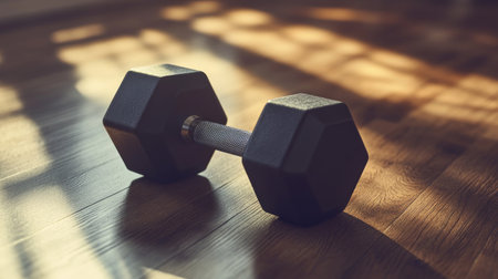 A solitary black dumbbell rests on a wooden floor, illuminated by soft light and shadows, ideal for fitness, strength training, and home workout themes.の素材